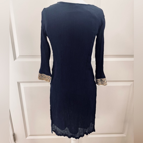 Boho Embroidered Kurta Tunic Dress Set Navy Gold Dupatta Festival L Ethnic - Picture 3 of 12